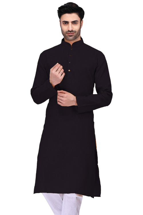 Black Cotton Plain Men Kurta
