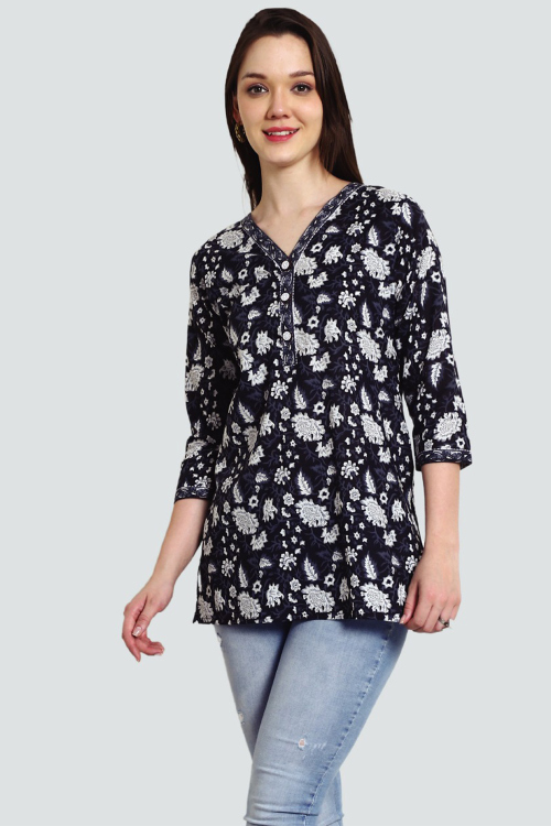 Black Cotton Printed Short Kurti For Casual Wear