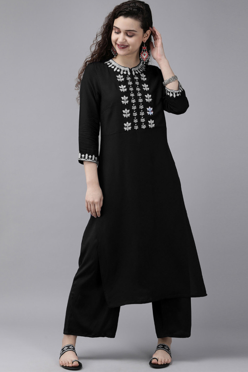 Black Cotton Rayon Straight Cut Trouser Suit