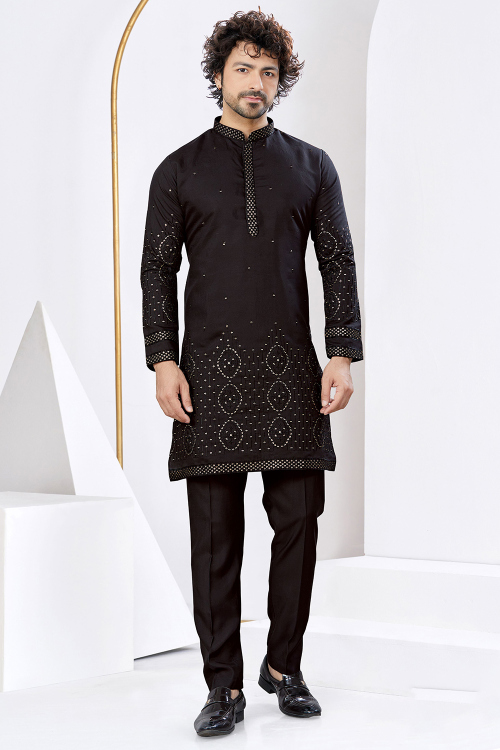 Black Cotton Resham Thread Men&#039;s Kurta Pajama