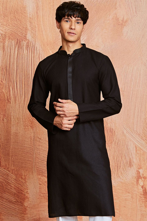 Black Cotton Silk Men&#039;s Kurta With weaved Thread Work For Festival