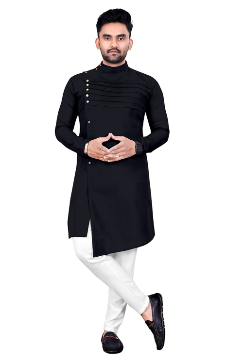 Black Cotton Silk Plain Assymetrical Men's Kurta Pajama