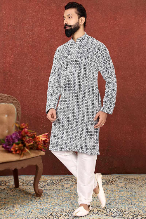 Black Cotton Straight Cut Thread Embroidered Men Kurta Churidar