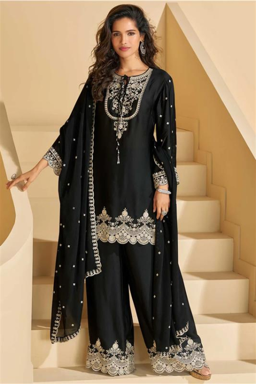 Black Crepe Salwar Kameez with Sequins Work for Diwali