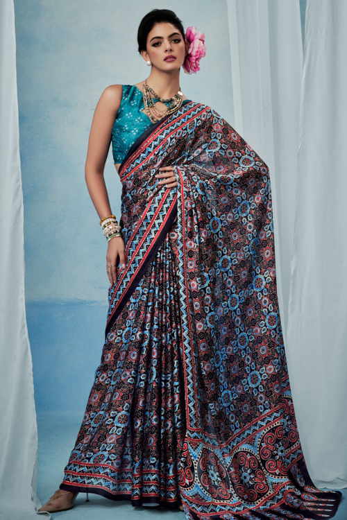 Black Crepe Saree With Printed Work For Casual Wear