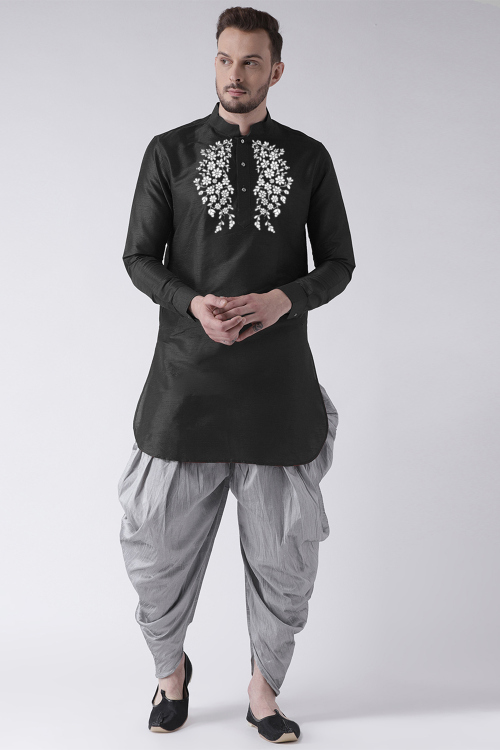 Black Dupion Silk Embroidered Straight Cut Men&#039;s Kurta Dhoti