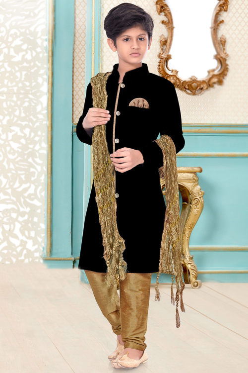 Black Dupion Silk Men Sherwani