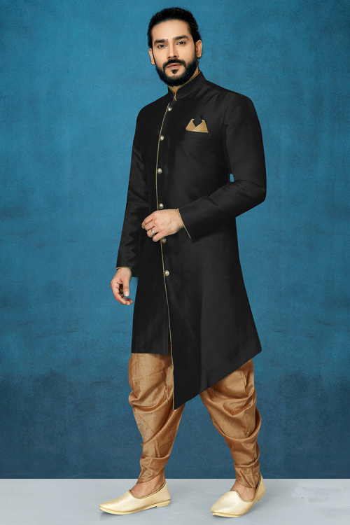 Black Indo-Western Sherwani with Golden Dhoti for Men