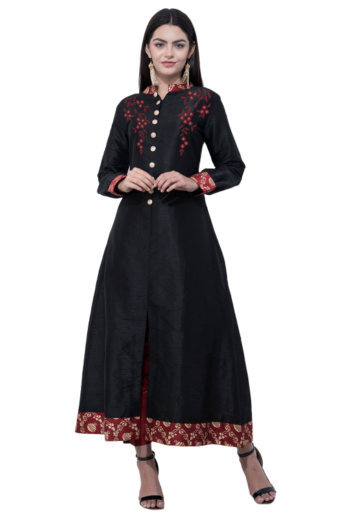 Black Dupion Silk Printed Front Slit Kurti