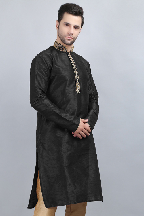 Black Dupion Silk Straight Cut Men Kurta with Patch Work