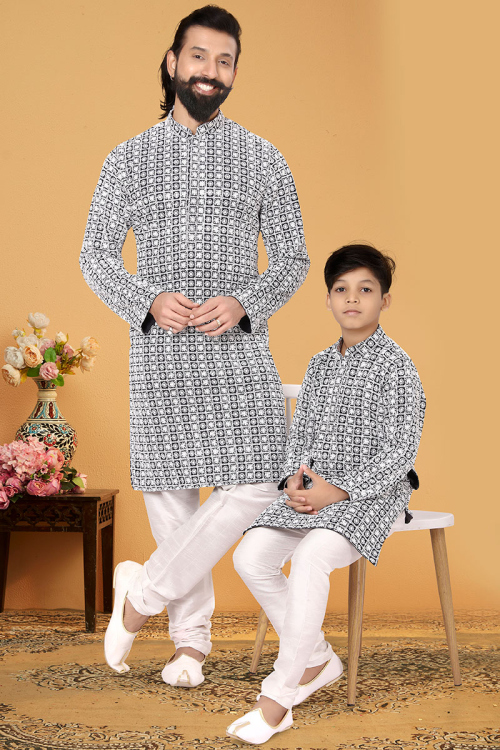 Black Embroidered Cotton Father Son Duo Kurta With Churidar