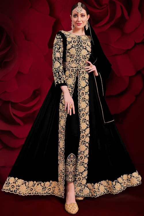 Black Embroidered Georgette Trouser Suit