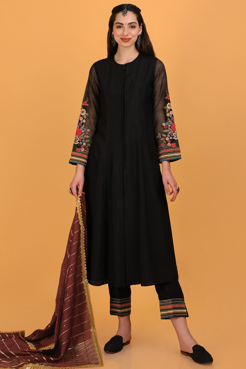 Black Embroidered Taffeta Silk Front Slit Designer Trouser Salwar Suit