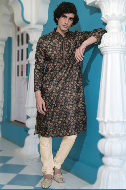 Black Floral Print Cotton Silk Straight Cut Men's Kurta Pajama