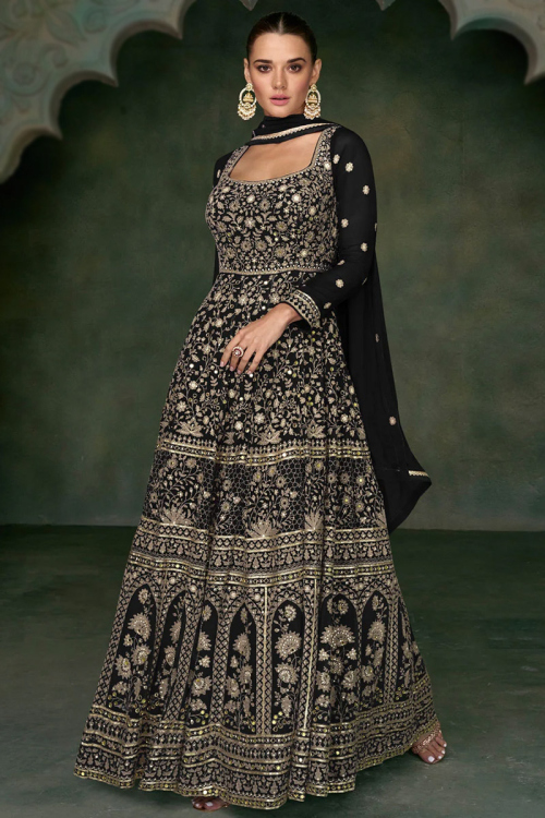 Black Georgette Anarkali Suit with Mirror & Zari Work