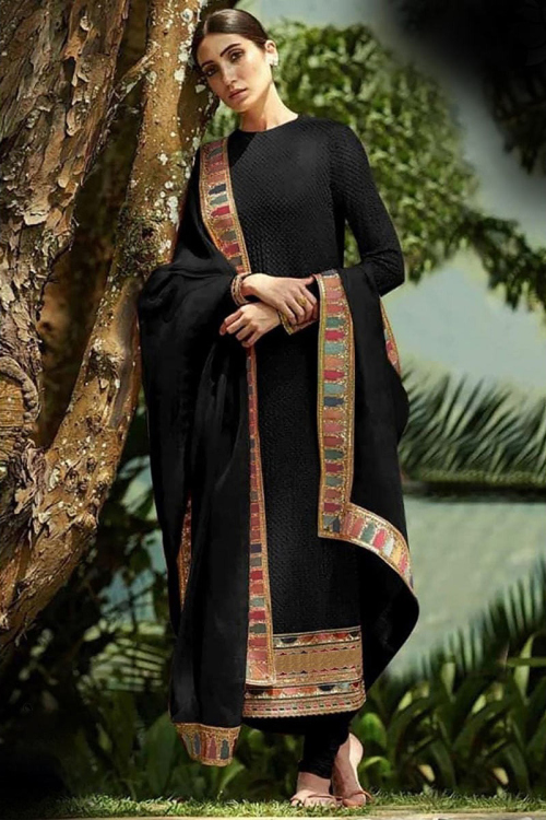 A Line Wedding Churidar Suit in Georgette Black for Sangeet