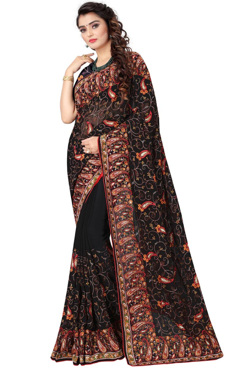 Georgette Saree in Black colour with Resham Embroidery for Party 