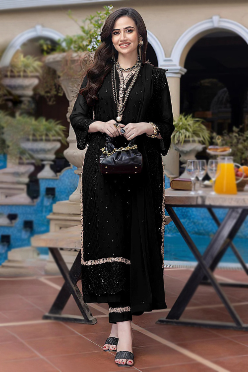 Black Georgette Embroidered Trouser Suit for Wedding & Party