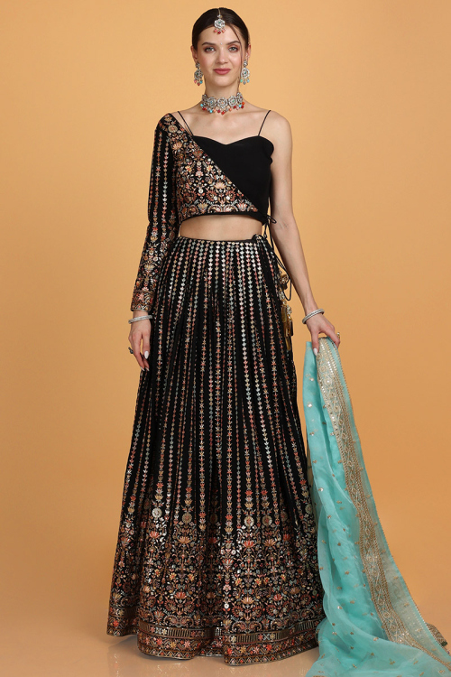 Black Georgette Fancy Wedding Lehenga With Angrakha Style Blouse