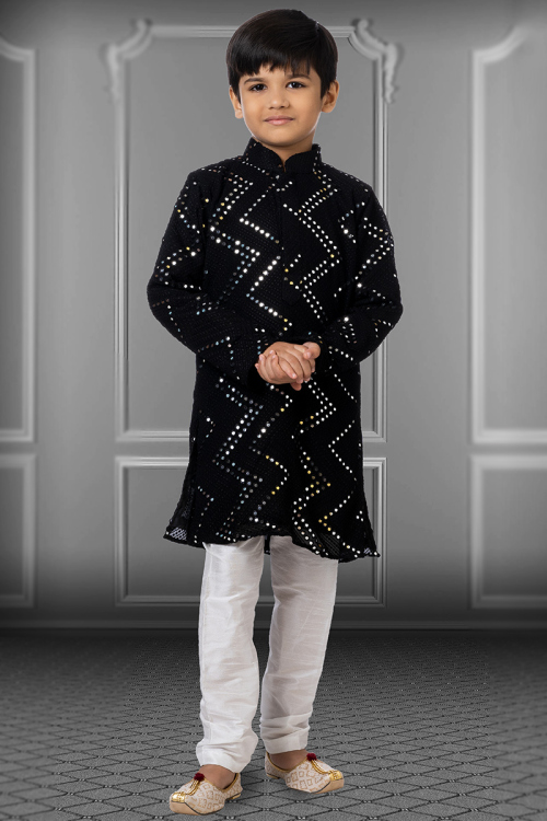 Black Georgette Faux Mirror Embroidered Boy's Kurta Churidar 