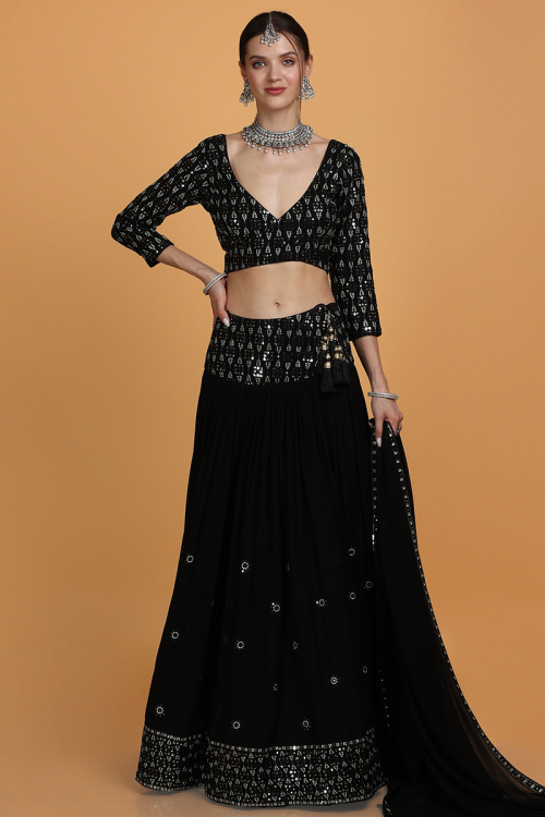 Black Georgette Flared Lehenga With Embroidered Choli for Wedding & Party
