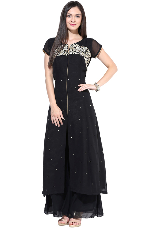 Black Georgette Kurti With Zari Work For Casual Wear