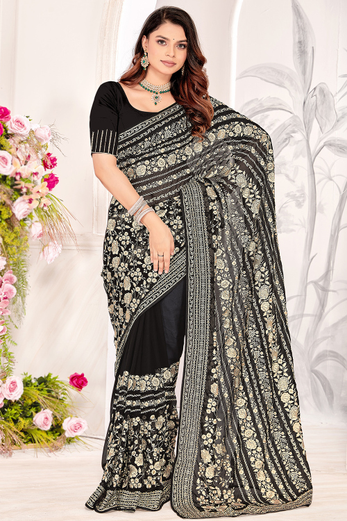 Black Georgette Saree With Resham Thread Work