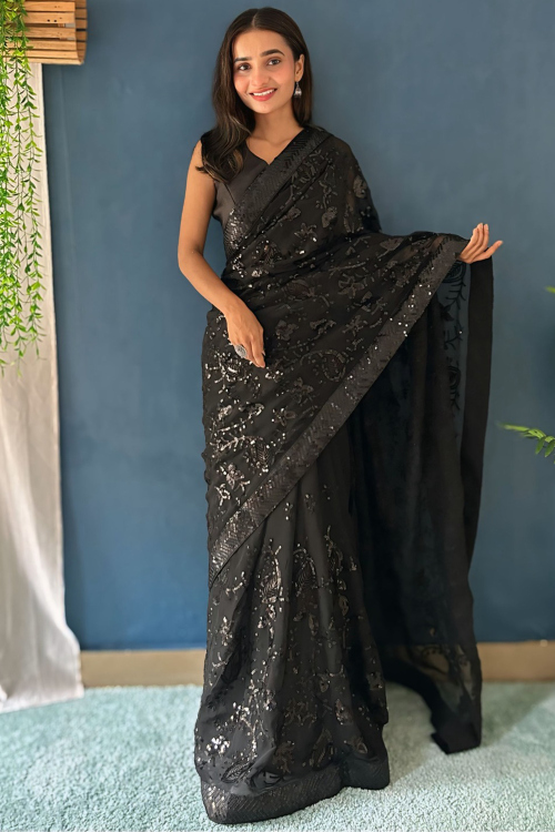 Black Georgette Saree with Sequins Work for Diwali 