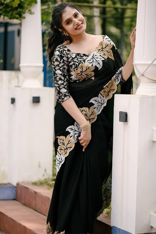 Black Georgette Saree With Zari Work For Diwali