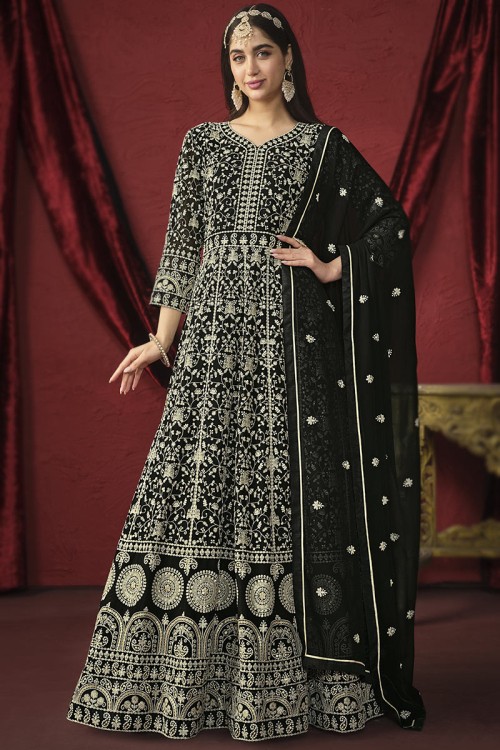 Black Georgette Sequins Embroidered A Line Anarkali Suit