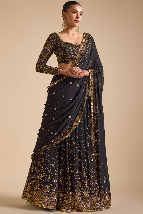 Black Georgette Lehenga with Cutdana, Dabka & Stone Work