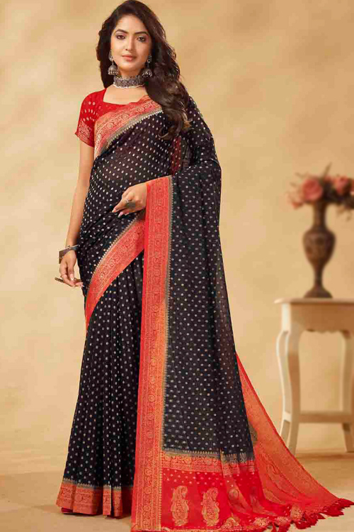 Black Georgette Woven Zari Sangeet Saree 