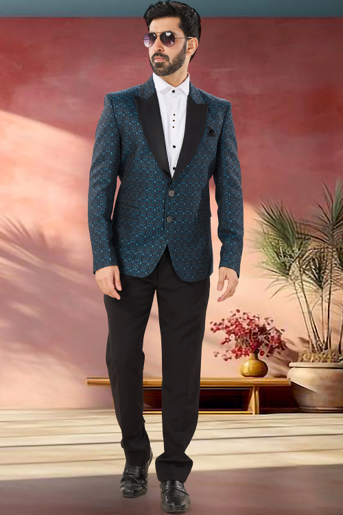 Black Jacquard Blazer Suit with Sequins &amp; Thread Work