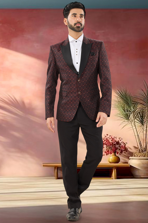 Black Jacquard Blazer Suit with Sequins Work
