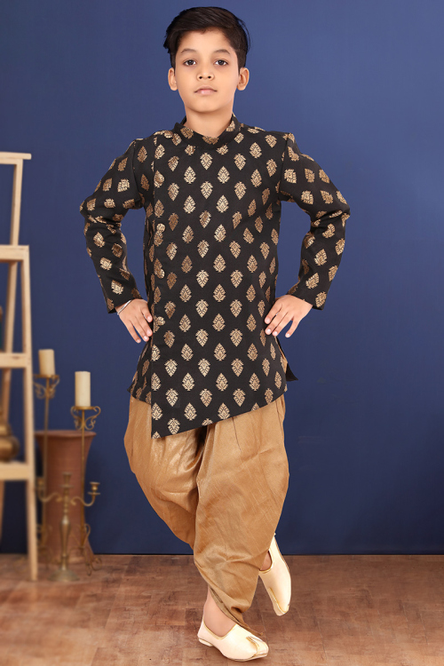 Stylish Black Jacquard Indo-Western Kid's Sherwani