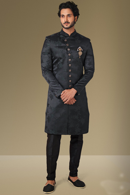 Black Jacquard Indo-Western Woven Men Sherwani