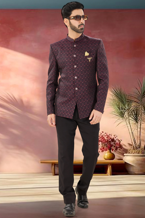 Black Jacquard Sherwani with Thread Work