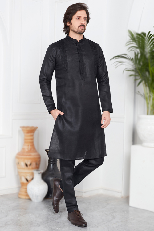 Black Men Straight Cut Casual Wear Cotton Men's Kurta Pajama 