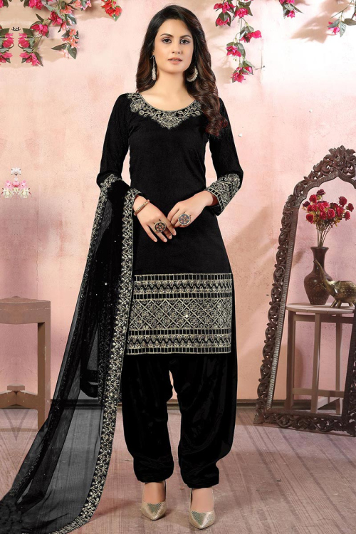 Black Mirror Worked Art Silk Indian Patiala Suit