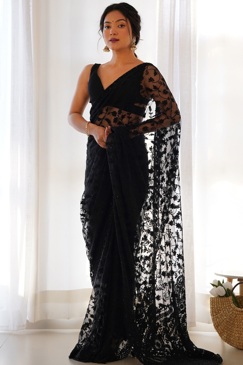 Black Net Embroidered Fancy Saree for Festival 