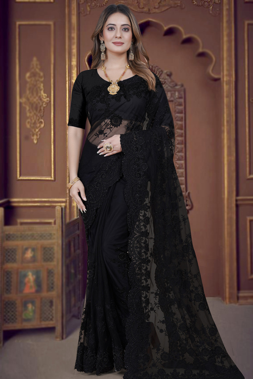 Black Net Embroidered Saree For Sangeet 