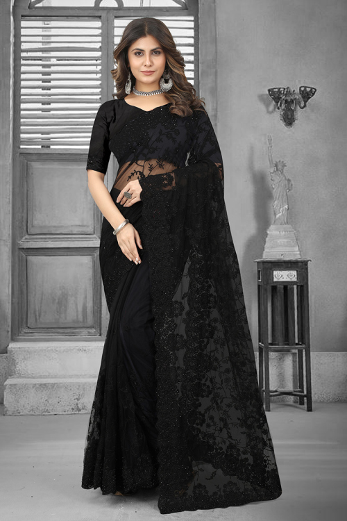 Black Net Saree with Resham Thread Embroidery 