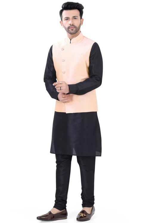 Black Dupion Silk Kurta Churidar with Plain Waistcoat