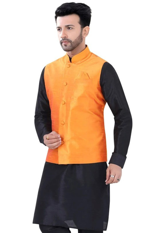 Black Plain Jacket Style Dupion Silk Men's Kurta