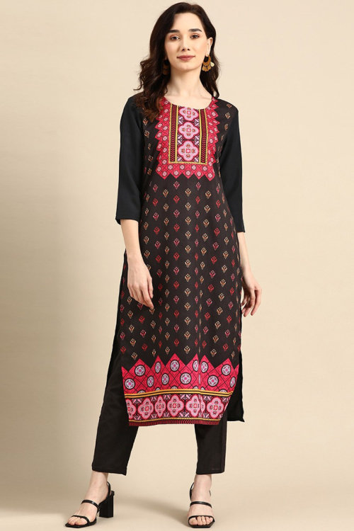 Black Straight Cut Casual Wear Kurti in Poly Crepe