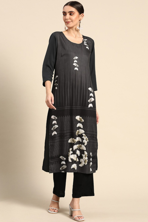 Party Wear Printed Kurti in Poly Crepe Black