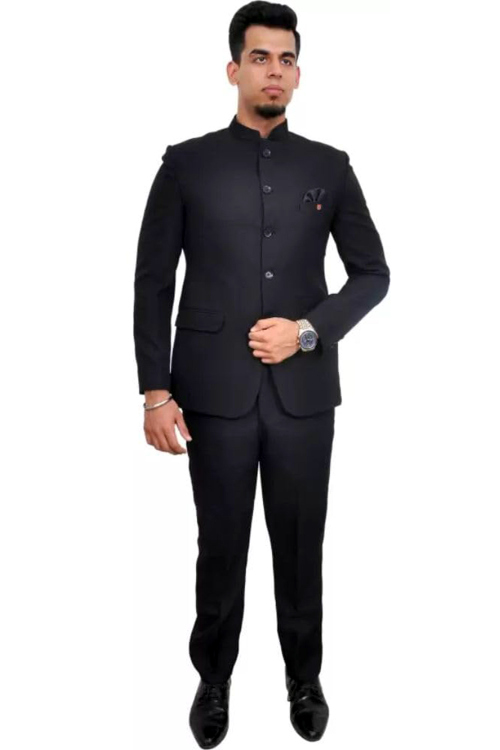 Black Polyester Plain Jodhpuri Style Men's Coat Pant