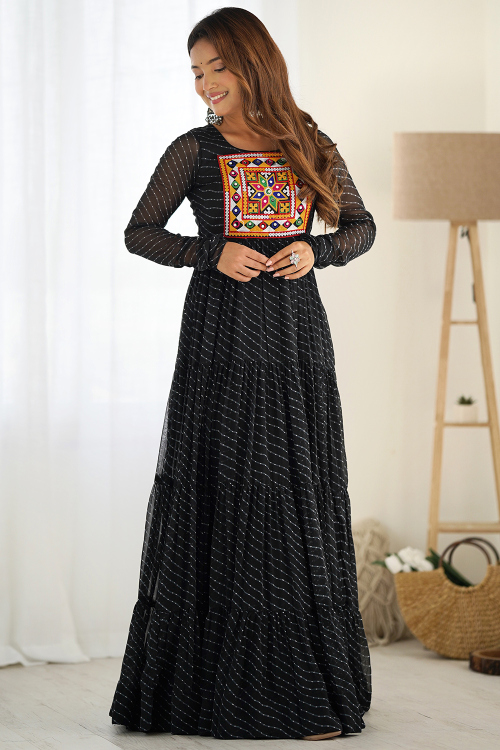 Black Georgette Ready Made Gown with Mirror, Print & Resham Work