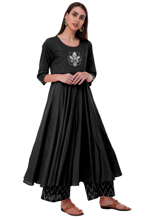 Black Rayon Embroidered Anarkali Style Kurti