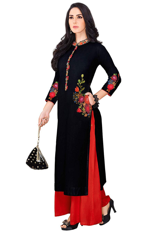 Black Rayon Kurti with Resham Work & Chinese Collar